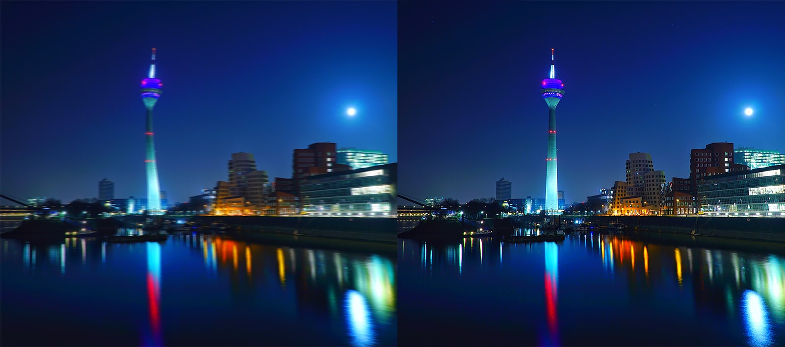 Stadt bei Nacht mit und ohne torische Linse