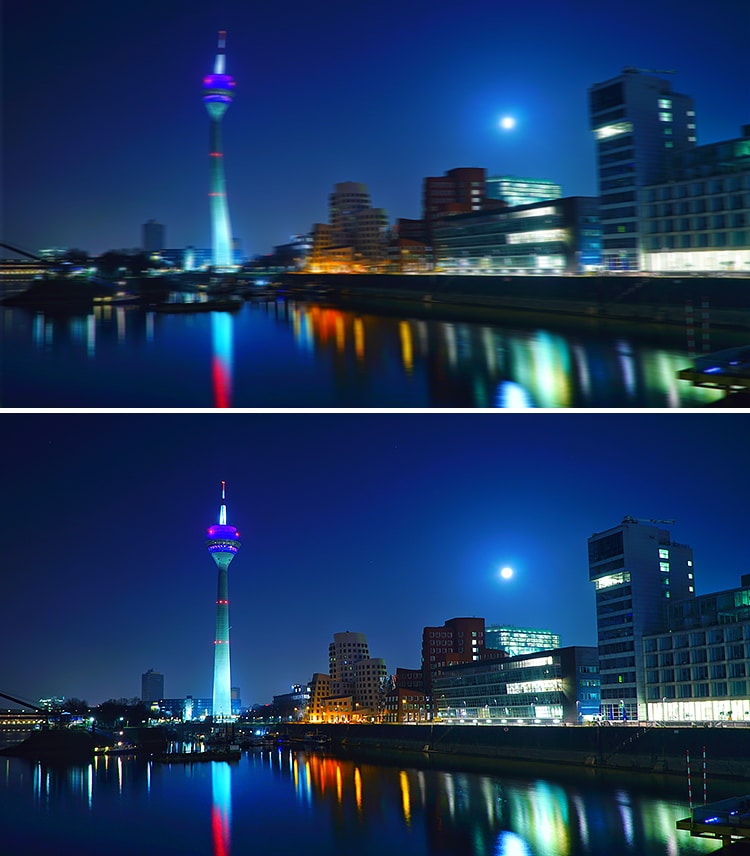 Stadt bei Nacht mit und ohne torische Linse